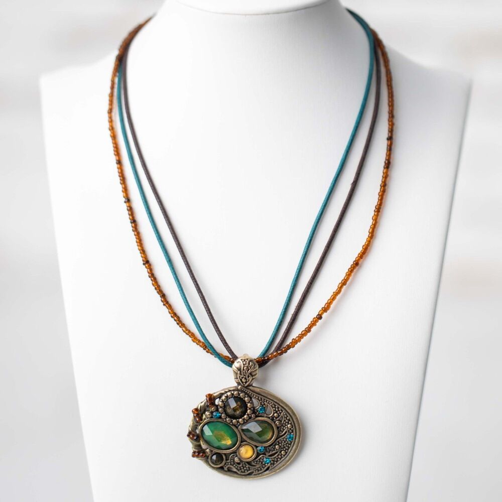 Boho Multi Strand Necklace Green Amber Rhinestone Ornate Pendant Statement Jewel